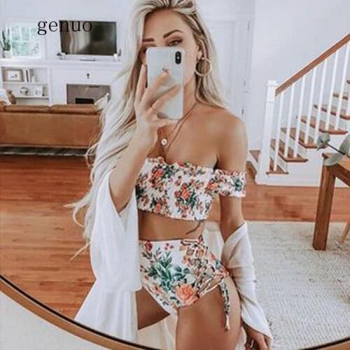 Floral Print Off Shoulder Bikini Sets Sexy Lace Up Padded Cups Swimsuit Two Pieces Swimwear Women Beach Bathing Suits