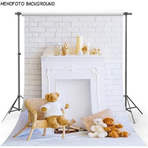 Photography Backdrops White Brick Wall Fireplace Background Backdrops for Photo Studio Teddy Bear Toy for Childs Kids Pictures