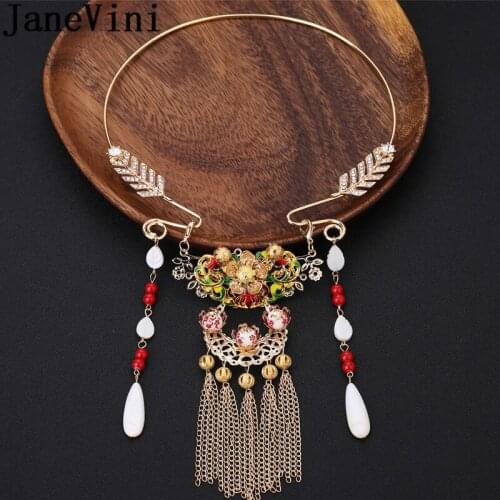 JaneVini Chinese Style Bride Necklaces Rhinestones Beads Gold Necklace Ethnic Ancient Metal Bridal Necklace Wedding Accessories