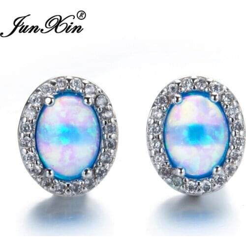 JUNXIN Luxury Female Oval Blue Fire Opal Stud Earring Silver Color Jewelry Fashion Double Earrings For Women