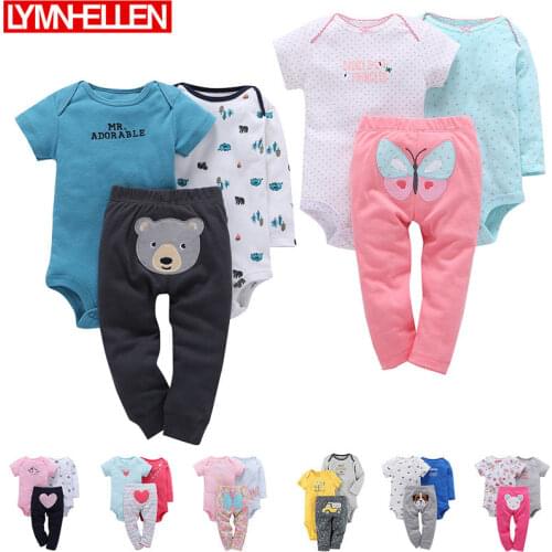 Set 3pcs Newborn Infant Baby Boys Girls Clothes Long + Short Sleeves Bodysuit T-shirt Tops + Pants Leggings Outfits