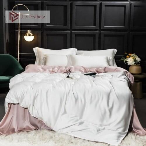 Liv-Esthete Luxury White Pink 100% Silk Bedding Set Nature Silky Duvet Cover Queen King Flat Sheet Pillowcase Bed Set For Sleep