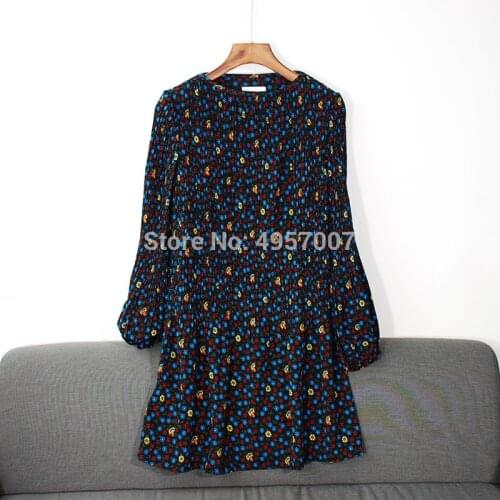 ElfStyle Boat Neck Floral Printed Short Mini Woven Dress With Long Sleeves & Elasticated Cuffs - 2020ss Black Pleated Dress