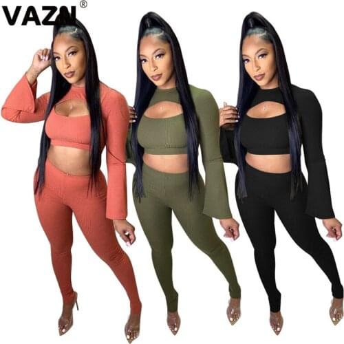 VAZN 2020 New Solid Comfortable Women Sport Running Girl O-Neck 3PCS Set Gym Clothing Sport Suit Women Full Sleeve Tracksuit