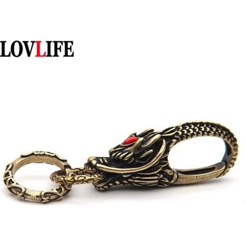 Copper Dragon Head Car Keychain with O-Ring Vintage High-end Brass Keyring Pendants Luxury Men Spring Key Chains Fob Accessories