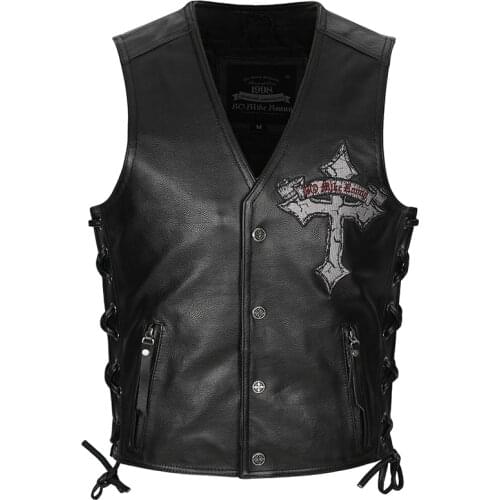Mens Genuine Leather Motorbike Motorcycle Biker Waistcoat Side Laced Black Vest Skull Embroidery Patch Cowhide Sleeveless Jacket