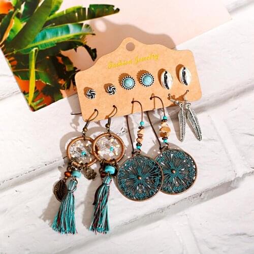 6-Piece Bohemian Style Alloy Leaf Round Pendant Cotton Silk Tassel Long Earrings Alloy Shell Earrings Fashion Set Earrings