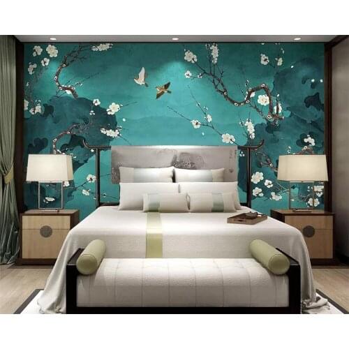 Beibehang Chinese mural wallpaper hand-painted pear flower pen flower bird TV background wall decorative painting 3d wallpaper