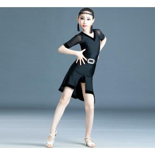 New Girls Latin Dance Dress Suit Children Summer Short Sleeve V-neck Latin Dance Costumes Ballroom Dance Competition Dresses