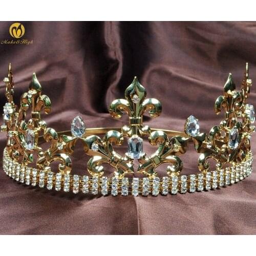 For Men Tiara Diadem Gold Crown Clear Rhinestone Crystal King Prince Headband Pageant Party Costumes Art Deco Hair Accessories
