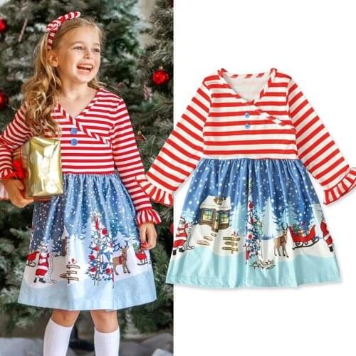 Ins Spring and Autumn Girls Christmas Dress Long Sleeves Snowman Striped Dresses Toddler Christmas Dress Grinch Christmas