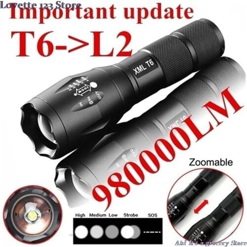 High Quality Portable T6 Tactical Military LED Flashlight 980000LM Zoomable 5-Mode Without Battery Outdoor Tools