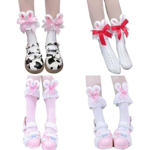 Japanese Student Lolita Glass Fiber Tulle Crew Socks Sweet Star Ribbon Bowknot Transparent Kawaii Mid Tube Hosiery for 094B