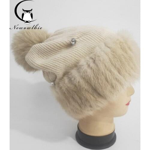Womens Genuine mink Hats Autumn and winter 100% Fox Fur hair ball Warm Real Fur Knit Wool hat High elasticity Caps