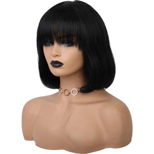 Women Short Bob Middle Part Wigs with Flat Bangs Straight Human Hair Flapper Cosplay Full Head Wig 12