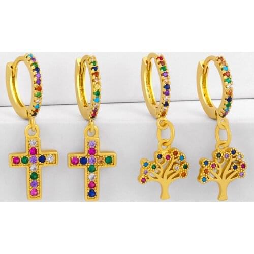 Gold Rainbow Tree Of Life Drop Earrings For Women Cross Earrings Shape Geometric Cubic Zirconia Gold Filled Jewelry erst01