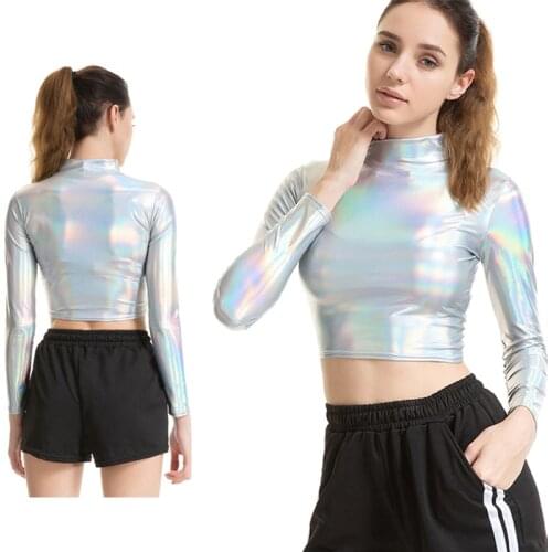 2020 Women Sexy Liquid Metallic Long Sleeve Top Turtleneck Holographic T Shirt Tops for Rave Party Club Dance Shirt Streetwear