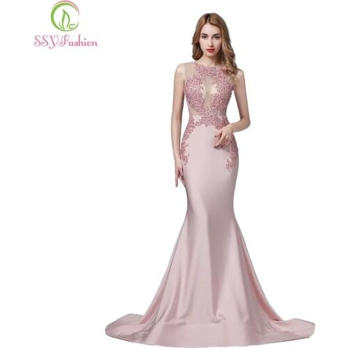 SSYFashion New Luxury Pink Satin Mermaid Evening Dress High-end Lace Beading Sexy Fishtail Prom Formal Gown Reflective Dress