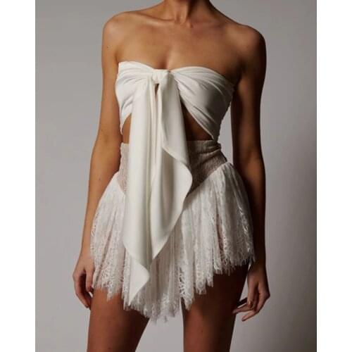 2021 Summer Women New White Sexy Off Shoulder Bow Lace Hollow Out Mini Bandage Dress Elegant Sexy Backless Night Club Party Dres