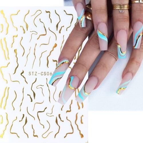 Golden Wave Line Stickers For Nails Art Decoration Irregular Swirl Design French Nail Decal Manicure Adhesive Slider BESTZ-CS067