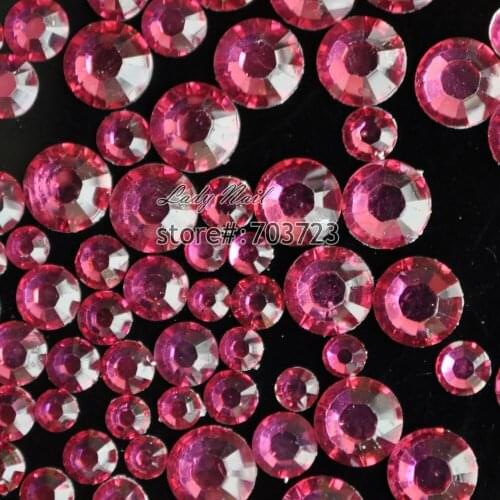 400 pcs 2mm - 6mm Mix Size Dark Rose Pink Resin Acrylic Round Rhinestone Flatback Crystal Rhinestones Nail Art Decoration N13