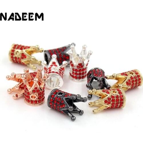 5pcs/lot Luxury Micro Pave Red CZ Zircon Crystal European Spacer Beads Crown Shape Charms Beads for Bracelet Making Jewelry