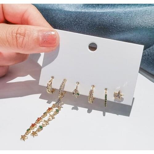 6 pieces/set 925 Sterling Silver Star Chain Shape Hoop Earring Set Upscale Zircon Handmade Earrings Wholesale Party Jewelry