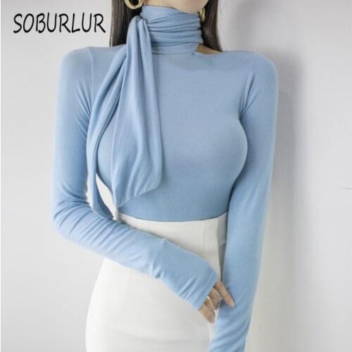 SOBURLUR Basic Turtleneck Womens T-Shirts Casual Korean Fashion Long Sleeeve Crop Tops Woman Clothing Gentle Elegant 2021 New