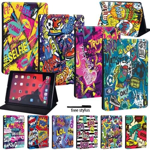 Tablet Folio PU Leather Stand Case Cover -For Apple IPad 8 2020 10.2 Inch Shockproof Tablet Case with Graffiti + Free Stylus