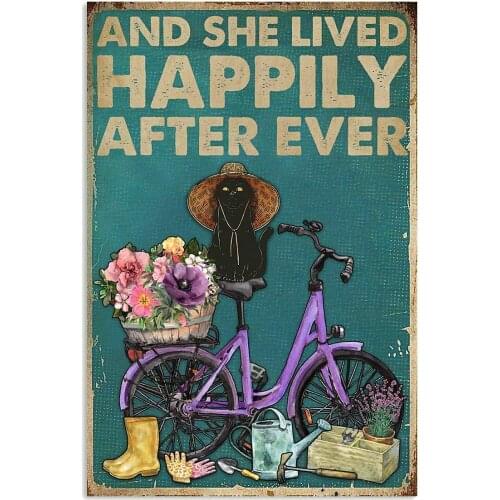 Black Cat Retro Lived Happily Gardening Vertical Poster 8x12 Inches Retro Vintage Decor Sign Metal Tin Sign Home Bar Wall Decor