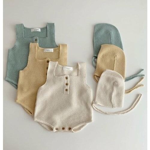 Baby Bodysuit Sleeveless Newborn Infant Boys Girls Jumpsuit Outfits Cute Solid Knitted Toddler Kids Body Suits Tops And Hat 2pcs