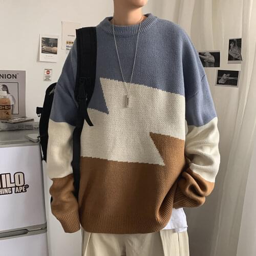 Contrast Thicken Sweater Men Tide Stitching Knitted Sweater O-neck Casual Pullovers Tops Simple Male Clothes Autumn Winter
