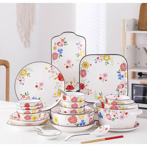 Creative Fashion Full Flower Tableware Set Family Bowl Nordic Style Bowl Chopsticks Dish Plate Household Ceramic Bowl and Dish