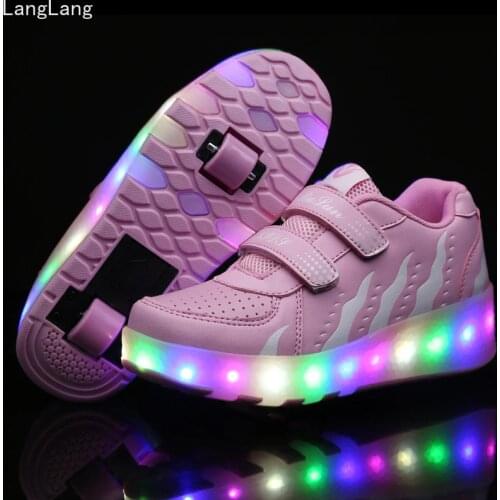 2018 LED Light Sneakers with Double TWO Wheel Boy Girl Roller Skate Casual Shoe with Roller Girl Zapatillas Pink