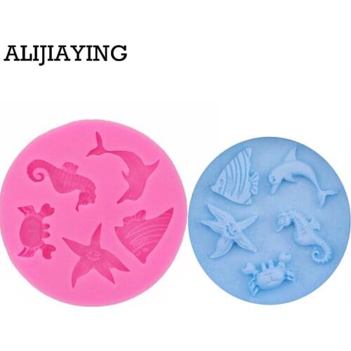 M0104 Fondant Chocolate Moulds 3D Dolphin Crab Fish Seahorse Starfish Silicone Mold for cake decorating tools