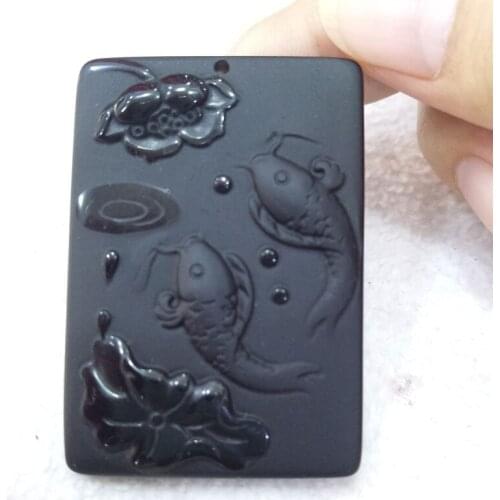 Fashion Fine Carving Obsidian Two Fish And Lotus Black Obsdian Pendant For Mens Jewelry