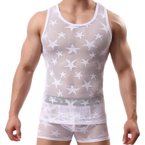 Mens Undershirts Two Piece Sets Sexy Mesh Transparent Sleeveless Tank Tops Boxer Shorts Underwear Breathable Sleepwear Suits