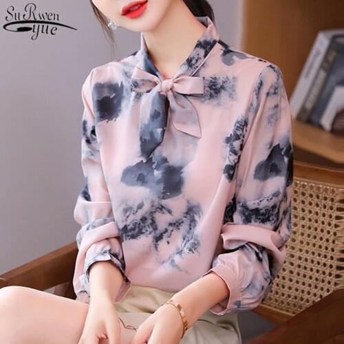Autumn New Lantern Sleeve Silk Blouse Women Bow Ladies Pullover Clothing 2021 Office Lady Print Plus Size Shirt for Women 10501