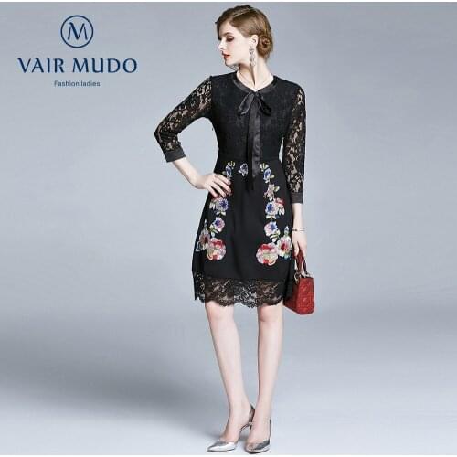 New mid-sleeve dress women autumn winter bowknot tasseled hem Slim hollow lace heavy embroidered embroidered dress elegant Y-293