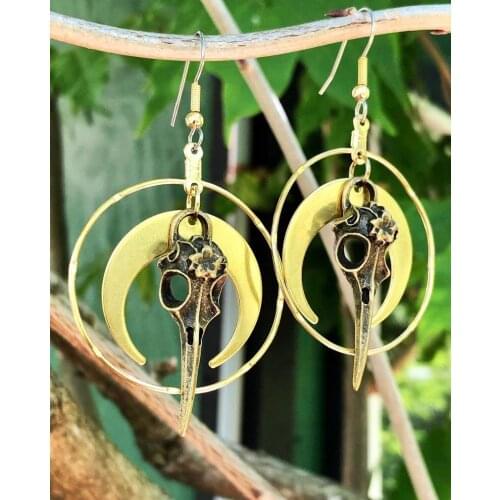 Raven Skull Earrings / Moon Earrings / Bohemian Inspired / Rustic Earthy Jewelry / Bird Bone Jewelry / Hoop Earrings
