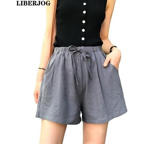 LIBERJOG Women Casual Shorts Cotton And Linen Blend Loose Summer Drawstring Solid Plus Size Wide Leg Biker Vintage Shorts