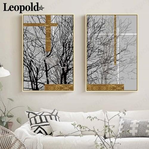 Modern Abstract Tree Branch Canvas Poster Gray Branches Creative Golden Line Painting Wall Art Nordic Living Room Home Decor
