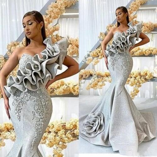 Gorgeous Evening Gowns With Applique Silver Evening Gowns Formal Dresses Mermaid Custom made Ruffled robe de soiree