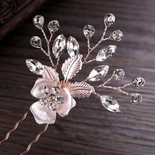 Handmade Alloy Flower Leaf Rose Gold Hair Clip Luxury Crystal Bride Hair Vine Pin Diamante Wedding Hairpin For Women Jewelry