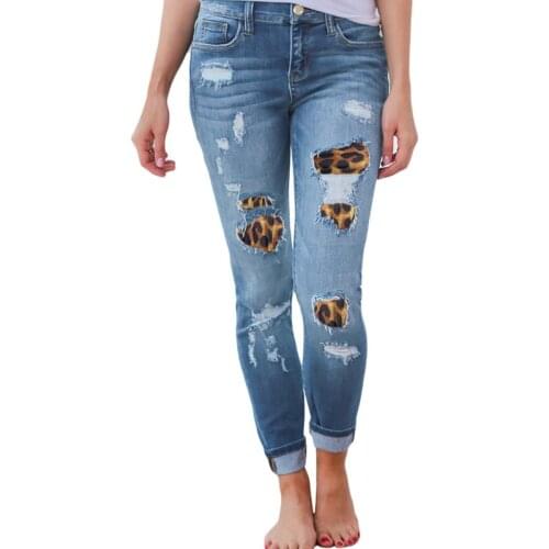 Women Black Skinny Jeans Leopard Patchwork Ripped Holes Denim Pencil Pant Stretch Slim Woman Trouser Jeans Femme