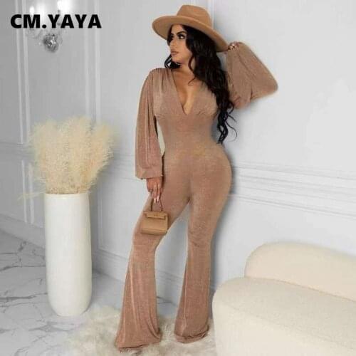 CM.YAYA Women Jumpsuits Velvet Solid Stretchy Flare Rompers Ladies Soft Fashion One Piece Overalls Cleavage Outfits Autumn 2021