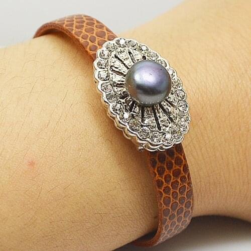 Leather Pearl Bracelet Black Genuine Freshwater Pearl Rhinestone Beads Brown Leather Bracelet Bangle Charming Women Gift