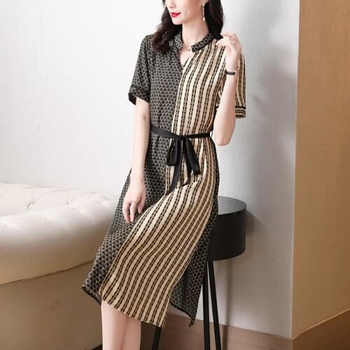 2021 High Quality Vintage Slik Print 4XL Large Size Satin Womens Robe Casual V-Neck Stripe Female Summer Short Sleeve dresses