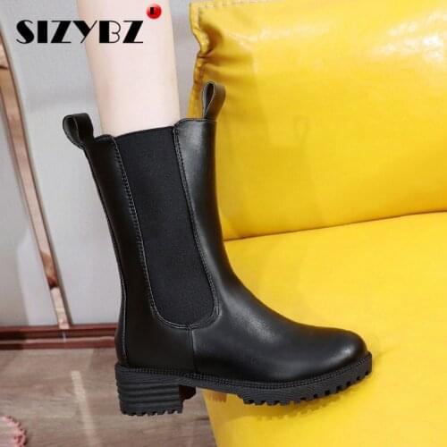 Winter Warm Ankle Boots Sexy Elastic Band Middle Heel Women Boots Black Leather Zapatos Mujer Slip-On Ladies Shoes Plus Size 43