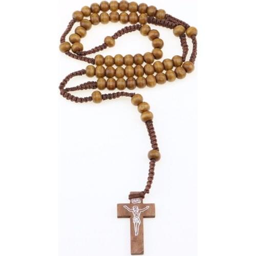 1pc Fashion Women Men Catholic Christ Religious Jewelry Wooden 8mm Rosary Beads Cross Woven Rope Necklace Sweater Chain Decor